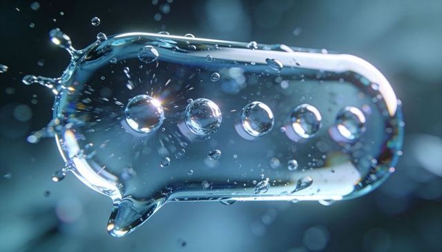 Crystal liquid speech bubble hovering with suspended droplets and iridescent refractions