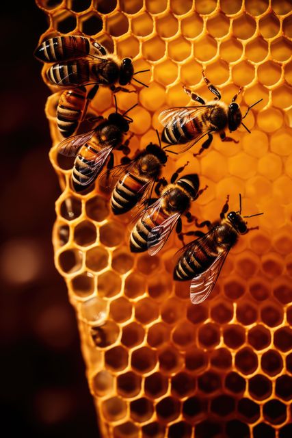Close up of multiple bees on honeycomb on black background created using generative ai technology. Nature, animals and insects concept digitally generated image.
