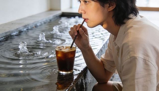 Young man sipping iced coffee beside indoor fountain, contemplative minimalist cafe moment