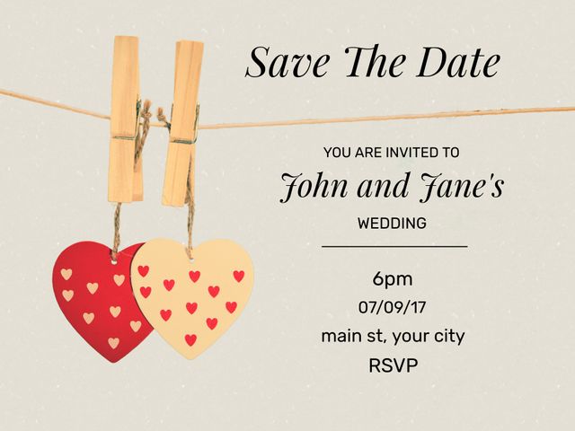 Wedding Save the Date Card with Heart Shapes on Clothesline - Download Free Stock Templates Pikwizard.com