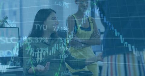 Women collaborating and analyzing financial charts with dashboard overlay in modern office