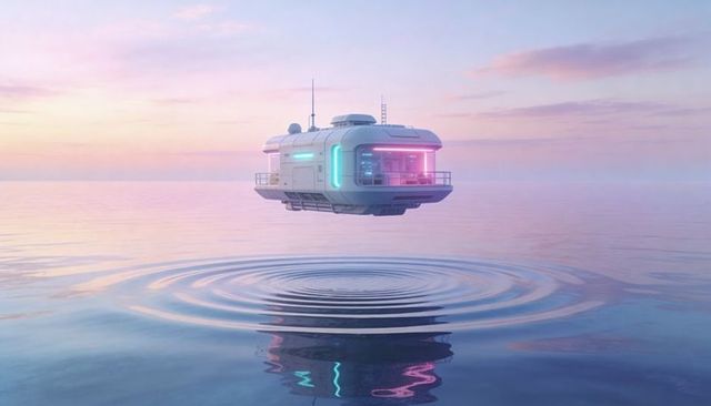 Hovering habitation pod emitting neon cyan and magenta light over calm ocean sunrise