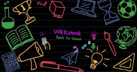 Welcome back to school chalkboard doodle border with neon classroom icons and supplies
