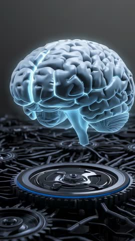 Hovering Rotating Blue Brain Hologram Glowing Over Mechanical Gear Base in Futuristic Lab