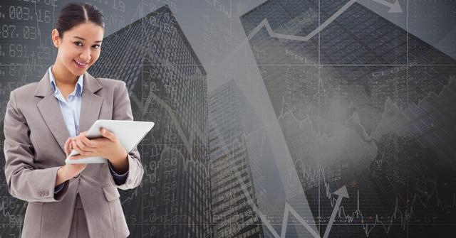 This visual conveys a professional businesswoman engaging with technology through a digital tablet, complementing a backdrop of financial graphs and skyscrapers. Ideal for articles on business technology, financial services, corporate success, data analysis, and career growth in the finance sector. This image can enhance presentations, promotional materials, and blog posts focused on modern business practices and economic development.