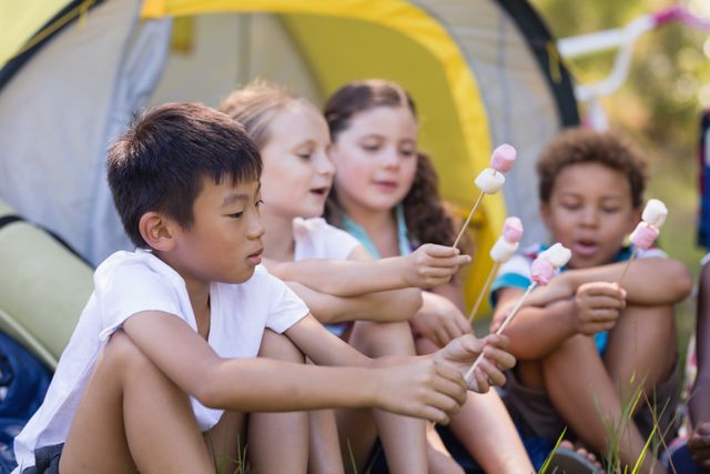 Diverse Group of Kids Roasting Marshmallows at Campsite - Download Free Stock Photos Pikwizard.com