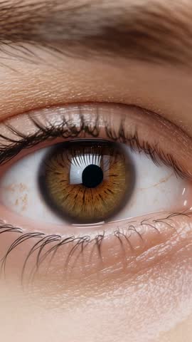 Vertical macro video showing human eye blinking slowly with clear hazel iris detail
