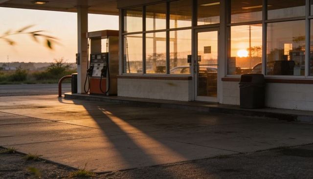 Rural gas station forecourt at sunset casting long shadows, shop windows reflecting golden sun