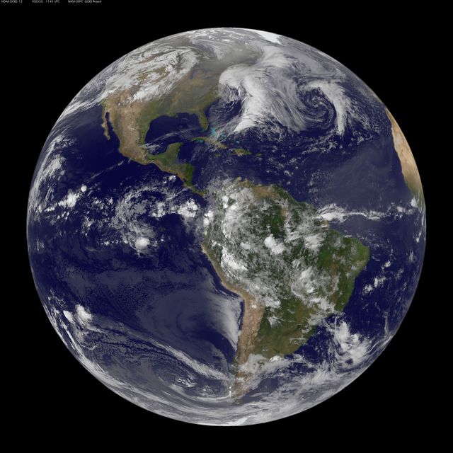 NASA GOES 12 satellite image showing earth on March 30, 2010 7:45 AM EDT.  <b><a href="http://goes.gsfc.nasa.gov/" rel="nofollow">Credit: NOAA/NASA GOES Project</a><b>  <b><a href="http://www.nasa.gov/centers/goddard/home/index.html" rel="nofollow">NASA Goddard Space Flight Center</a></b>  is home to the nation's largest organization of combined scientists, engineers and technologists that build spacecraft, instruments and new technology to study the Earth, the sun, our solar system, and the universe.  <b>Follow us on <a href="http://twitter.com/NASA_GoddardPix" rel="nofollow">Twitter</a></b>  <b>Join us on <a href="http://www.facebook.com/pages/Greenbelt-MD/NASA-Goddard/395013845897?ref=tsd" rel="nofollow">Facebook</a></b></b></b>
