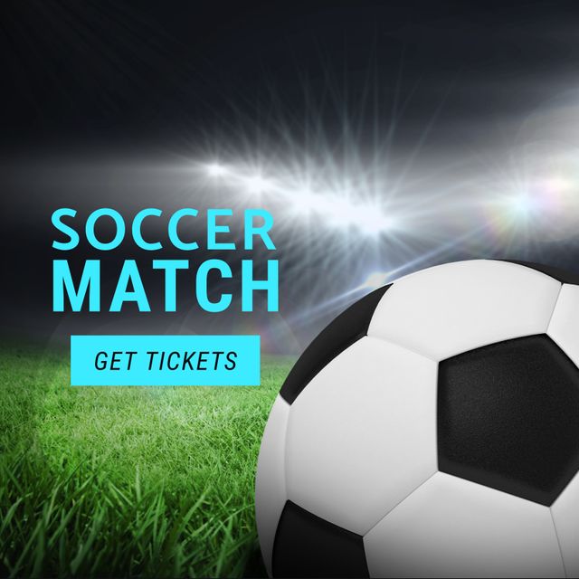 Graphic advertising soccer match tickets with a focus on the football and illuminated stadium in background. Ideal for promotional materials, event marketing, sports event advertising, and online ticket sales banners.