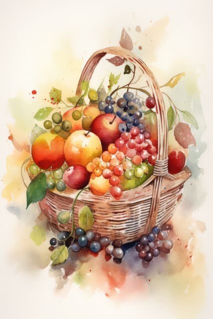 Watercolor illustration of a wicker basket containing apples, grapes, and other colorful fruits. Art is detailed, evoking freshness and abundance. Ideal for use in home decor prints, kitchen wall art, greeting cards, and lifestyle blog illustrations focused on nature and healthy eating.
