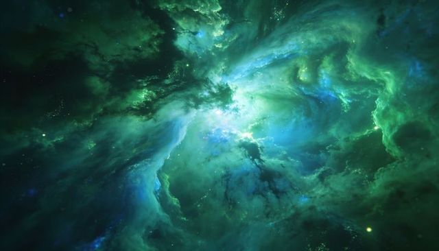 Emerald nebula with luminous core, filamentary gas clouds and scattered stars in deep space