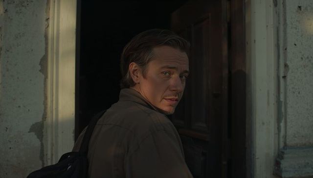 Man turning back at weathered doorway during golden hour, carrying backpack and jacket