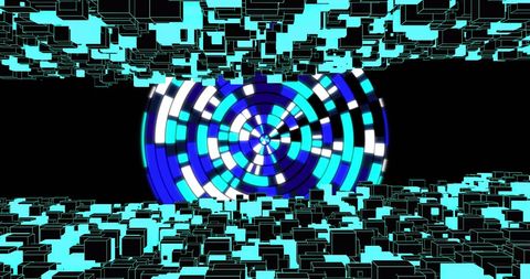 Futuristic digital network with scope scanning and glowing blocks