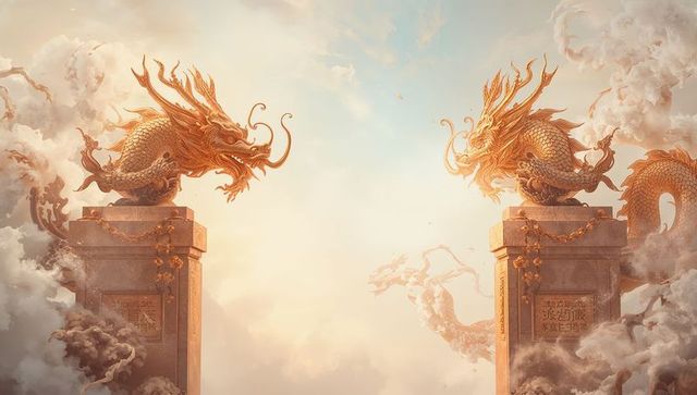 Majestic gold dragons amidst swirling dawn clouds