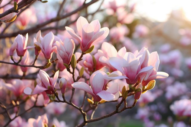This image shows a blooming magnolia tree with delicate pink blossoms, bathed in soft sunlight, perfect for use in spring-themed designs, nature blogs, or promotional materials for gardening and outdoor activities.