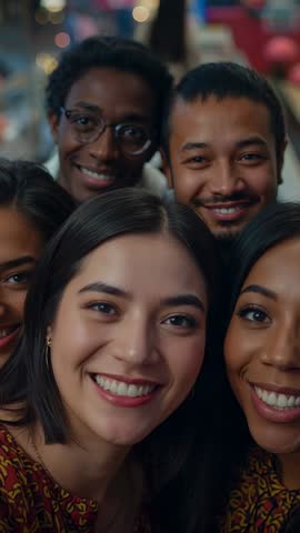 Friends taking vertical selfie in cafe laughing and leaning in for candid group moment