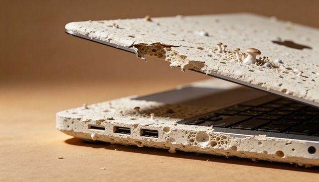 Laptop surface decomposing and sprouting mushrooms, porous crust texture close-up