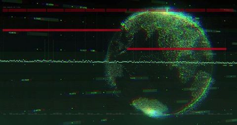 Glitching digital globe with data elements and red bars
