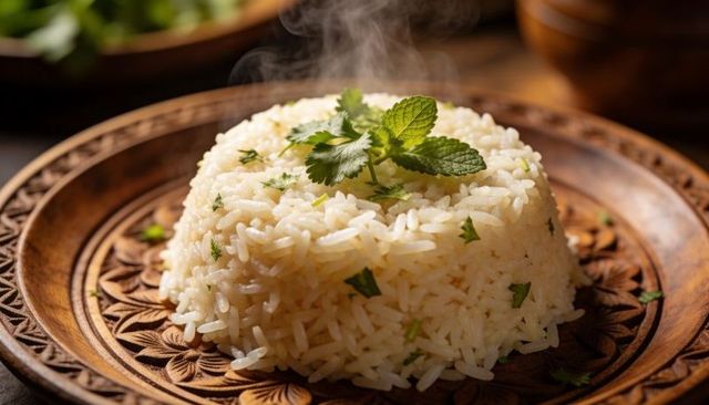 Steaming basmati rice dome garnished with cilantro and mint on carved wooden platter