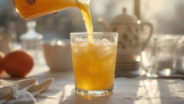 Pouring fresh orange juice into glass with ice on sunlit breakfast table, oranges nearby