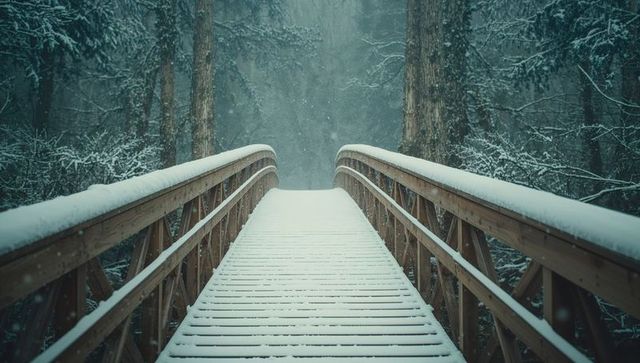 Snow-covered wooden footbridge in winter forest tranquility