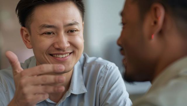 Smiling asian man leaning forward extending hand while engaging in business conversation
