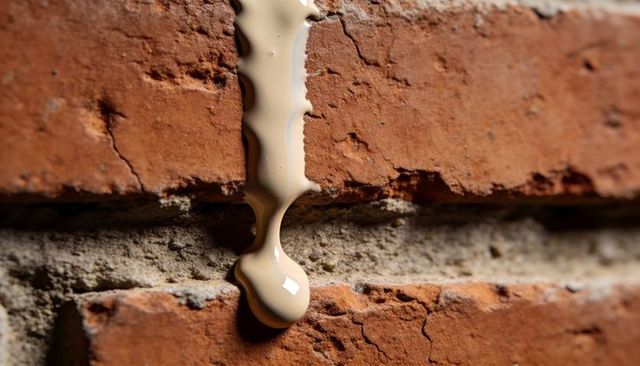 Creamy beige liquid dripping down weathered red brick wall macro texture