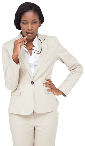 Contemplative African Woman in Business Suit on Transparent Background