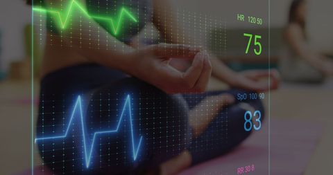 Yoga practice with digital vital sign monitoring overlay