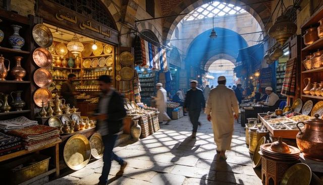 Man walking through sunlit middle eastern bazaar lined with brassware rugs and lanterns