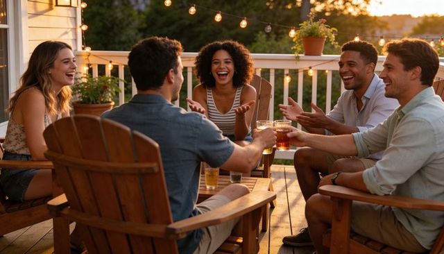 Friends toasting and laughing at sunset on patio deck with string lights casual gathering