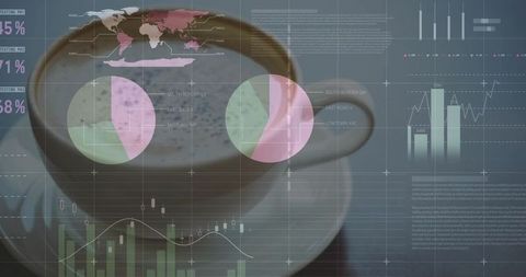 Coffee cup with data visualization overlay for business analytics, dashboard, fintech
