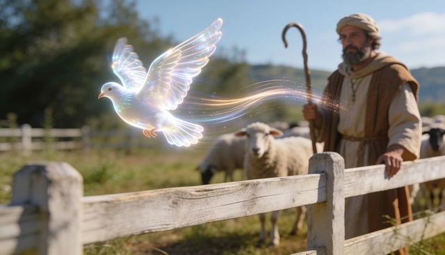 Iridescent dove ascending over pastoral flock, glowing light trail, shepherd holding staff