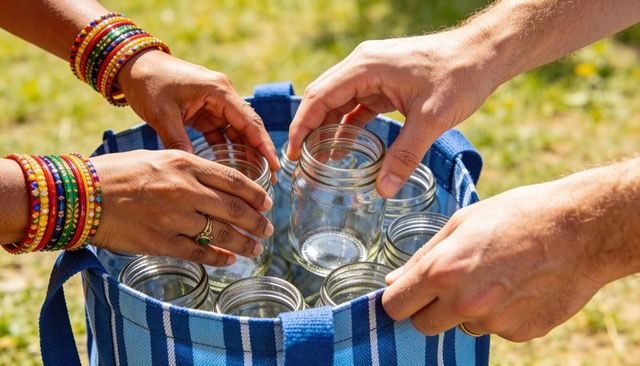 Couple packing mason jars into blue striped tote outdoors, colorful bangles and ring