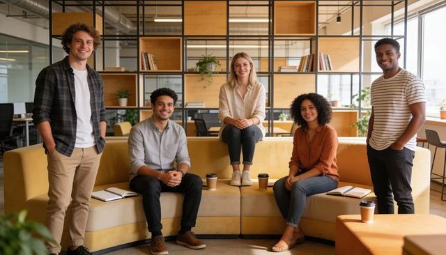 Diverse team collaborating on mustard-yellow sofa in modern open-plan office lounge