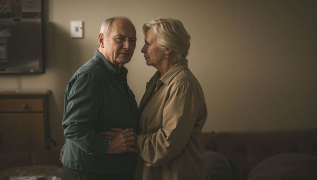 Senior couple embracing in cozy living room sharing quiet moment of companionship