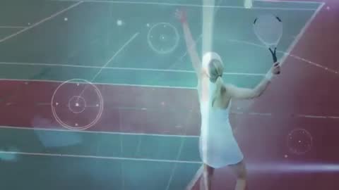 Female Tennis Player Serving with Digital HUD Interface
