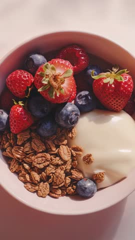 Rotating camera revealing pink bowl with granola, creamy yogurt, strawberries and blueberries