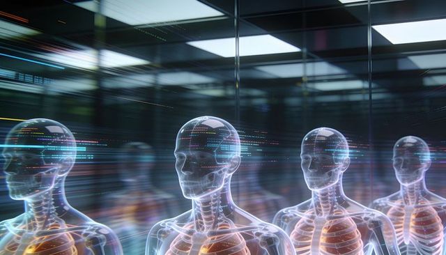 Futuristic translucent holographic anatomical figures with skeletal detail and data streams