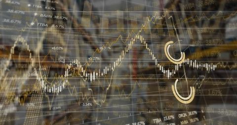 Digital Stock Market Analytics Overlay on Warehouse Background