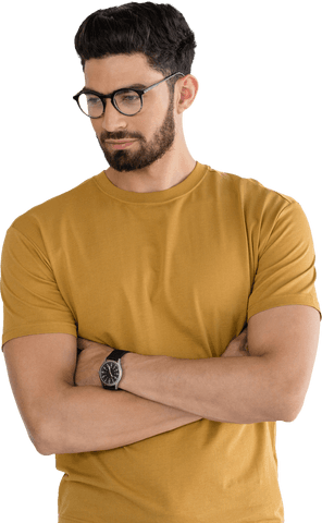 Transparent Background Young Man Wearing Glasses with Crossed Arms