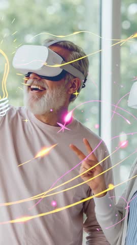 Senior Man Experiencing Virtual Reality Light Bulb Moment While Gesturing Upward Vertical Video