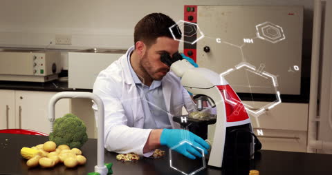 Lab Technician Studying Samples with Animated Chemical Formulas