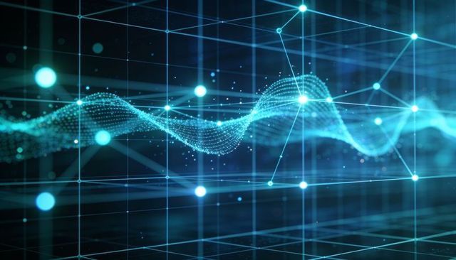 Teal data wave flowing through connected grid network with glowing nodes and particles