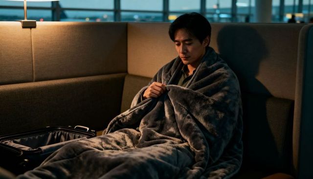 Solo asian traveler resting wrapped in gray blanket in airport lounge at blue hour