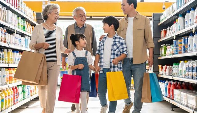 Multigenerational family walking through supermarket aisle carrying colorful shopping bags