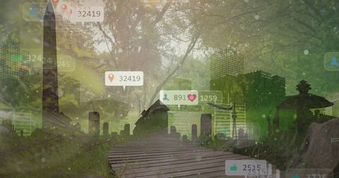 Digital Media Icons Over Lush Urban Skyline