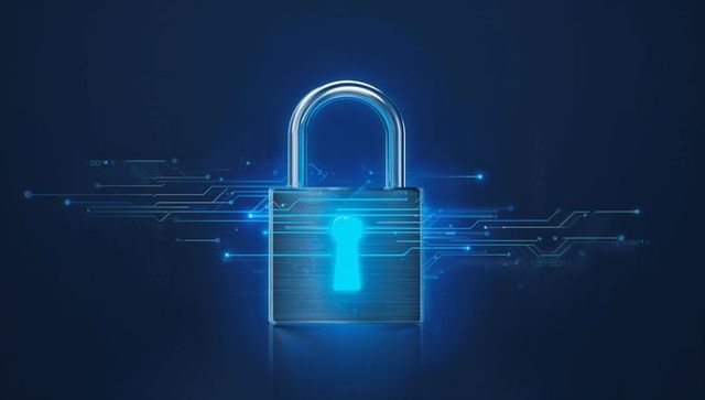 Glowing metal padlock representing cybersecurity and data protection, circuit network