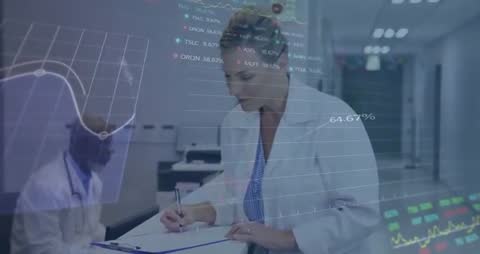 Doctor Analyzing Data with Digital Graph Overlay in Modern Hospital